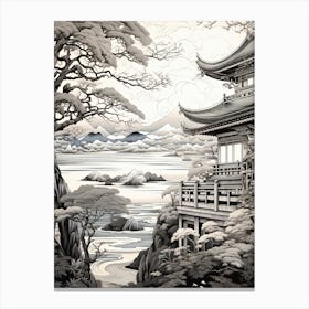 Amanohashidate In Kyoto, Ukiyo E Black And White Line Art Drawing 1 Canvas Print