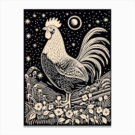 B&W Bird Linocut Chicken 5 Canvas Print