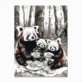 Red Panda Family Picnicking In The Woods Ink Illustration 4 Canvas Print