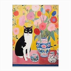 Sweet Pea Flower Vase And A Cat, A Painting In The Style Of Matisse 1 Canvas Print