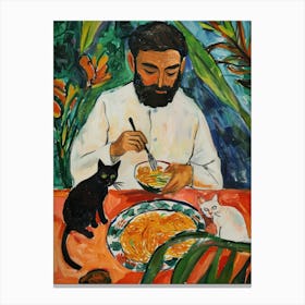 Portrait Of A Man With Cats Eating Pasta 2 Canvas Print