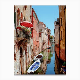 Venice Canal & Red Umbrella, Italy Canvas Print