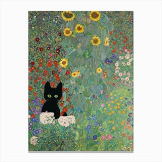 Gustav Klimt Inspired , Farm Garden With Sunflowers And A Black Cat Canvas Print
