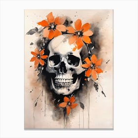 Abstract Skull Orange Flowers Painting (14) Canvas Print