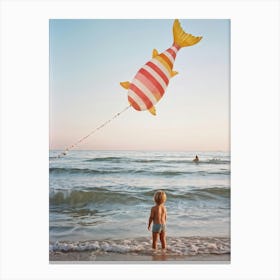 An Endearing Scene Of A Child Amused With A Weightless Oversized Candy Stripe Fish Floating Above (1) Canvas Print