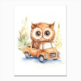 Baby Owl On A Toy Car, Watercolour Nursery 3 Canvas Print