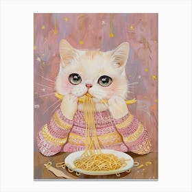 White And Tan Cat Pasta Lover Folk Illustration 2 Canvas Print