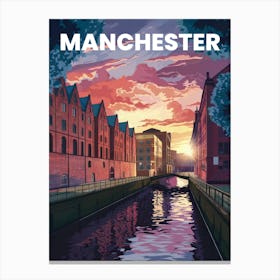 Anime Canvas Art: Industrial Manchester Cityscape with Red-Brick Buildings, Canals, and Reflections, Ideal for Lofi Urban and Nostalgic Decor Fans. Canvas Print