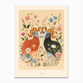 Folksy Floral Animal Drawing Ram Poster Canvas Print