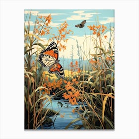 Butterflies In Wild Flowers Japanese Style Painting 6 Canvas Print