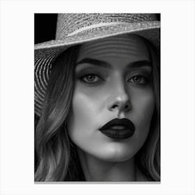 Black And White Portrait Of Beautiful Woman In Hat Canvas Print