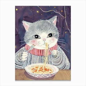 Cute Grey White Cat Eating Pasta Folk Illustration 1 Canvas Print