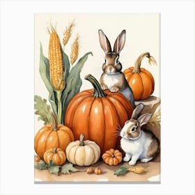 Painting Of A Cute Bunny With A Pumpkins (41) Canvas Print