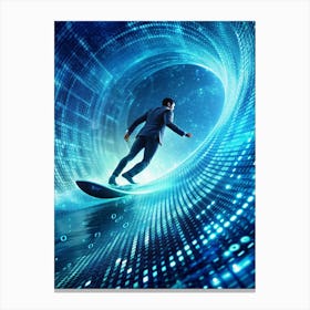 A Businessman In A Suit Surfing On A Wave Of Binary Code Inside A Futuristic Tunnel Canvas Print