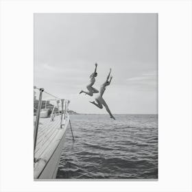 Black And White Ocean Jump Sail Boat Women Jumping Into Water Canvas Print