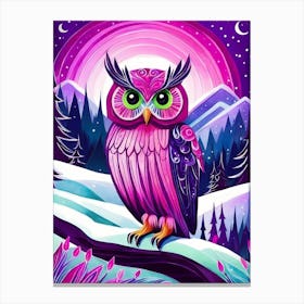 Pink Owl Snowy Landscape Painting (107) Canvas Print
