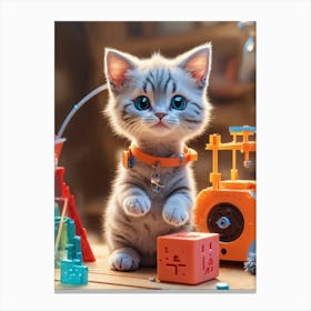 Kitten Playing With Toys 3d Print Canvas Print