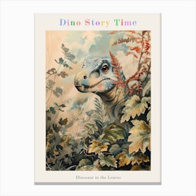 Dinosaur Looking Through The Leaves Storybook Style Poster Canvas Print