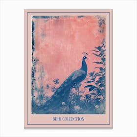 Peacock In The Meadow Cyanotype Inspired 4 Poster Canvas Print