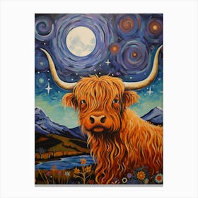 Wavy Line Highland Cow At Night Illustration 4 Canvas Print