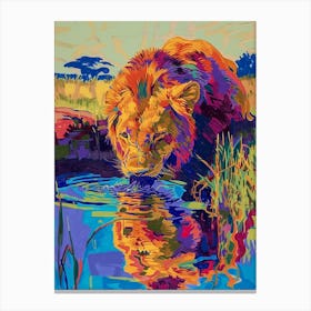 Transvaal Lion Drinking From A Watering Hole Fauvist Painting 2 Canvas Print