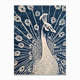 Navy Blue Linocut Inspired Peacock With Feathers Out 1 Canvas Print