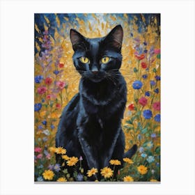 Klimt Style Black Cat in Garden Flowers Meadow Gold Leaf Painting - Gustav Klimt and Monet Waterlillies Poppies Daisies Inspired Textured Wall Decor - Super Vibrant HD High Resolution Canvas Print