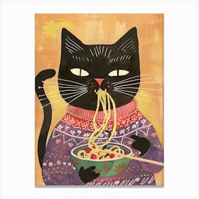 Black Cat Eating Pasta Folk Illustration 1 Canvas Print