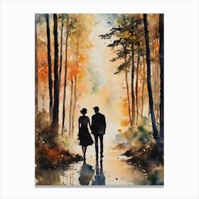 Romantic Couple Walking In The Woods- Autumn Forest Girlfriend Boyfriend Husband Wide Strolling Through Beautiful Botanical Trees as the Sunsets - Dreamy Wall Decor Just Newly Married or Dating Love Is In The Air Gallery Watercolor Painting Scenery Hearts As One Canvas Print
