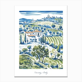 Tuscany Italy Hills Illustration Line Art Travel Blue Canvas Print