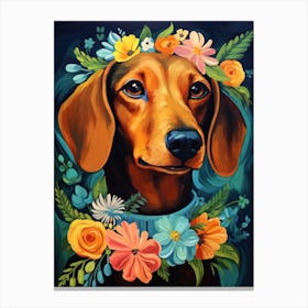 Dachshund Portrait With A Flower Crown, Matisse Painting Style 2 Canvas Print