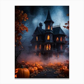 Fiery Autumn Leaves Swirl Around A Haunted House The Walls Of Which Exude A Defocused Orange Glow (7) Canvas Print