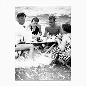 Tea Party in the Surf, Funny Vintage Black and White Old Photo Canvas Print