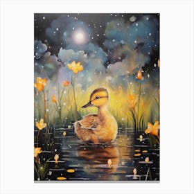 Mixed Media Duckling With Fireflies 2 Canvas Print