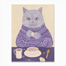 Grey Cat Having Breakfast Folk Illustration 5 Canvas Print
