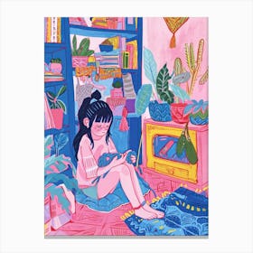 Girl Knitting Lo Fi Kawaii Illustration 4 Canvas Print