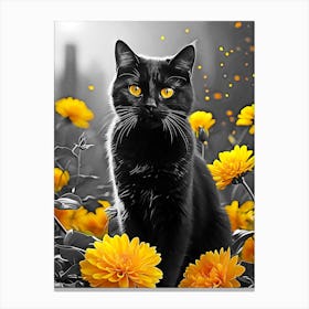 Black Cat And Yellow Flower Canvas Print