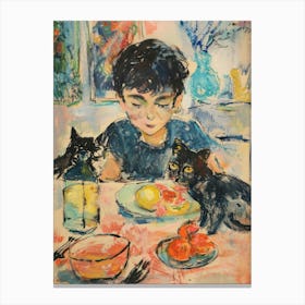 Portrait Of A Boy With Cats Having Dinner 4 Canvas Print