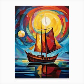 Sailing Boat at Sunset I, Vibrant Colorful Painting in Cubism Picasso Style Canvas Print