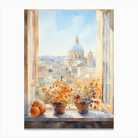Window View Of Valletta Malta In Autumn Fall, Watercolour 2 Canvas Print