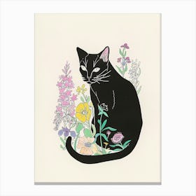 Cute Black Cat With Flowers Illustration 4 Canvas Print