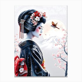 Geisha In Dark Kimono With Bird Outside Canvas Print