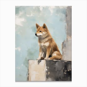 Shiba Inu Dog, Painting In Light Teal And Brown 2 Canvas Print