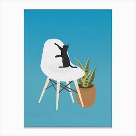 Minimal art of a cat playing on a chair Canvas Print