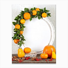 A Captivating Autumnal Scene Showcasing Ripe Oranges And Vibrant Pumpkins Resting On A Rustic Table Canvas Print