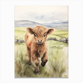 Cute Watercolour Portrait Of Highland Cow Calf 2 Canvas Print