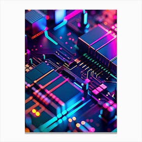 An Intricate Close Up View Of A Circuit Board With Glowing Lines And Components In Vibrant Blue, Pink, And Orange Hues Canvas Print