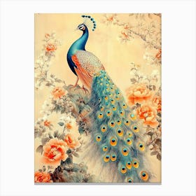 Luxury Chinoiserie Painting Of Peacock On Vintage Floral Pattern 1 Canvas Print