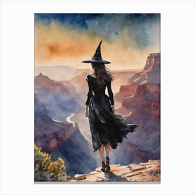 A Witch At The Grand Canyon ~ A Witch Travels Arizona Pagan Witchy Watercolour Gothic Fantasy Artwork Flying Witchcraft Canvas Print