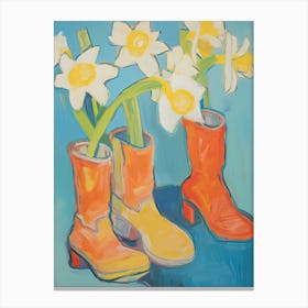 A Painting Of Cowboy Boots With Daffodil Flowers, Pop Art Style 4 Canvas Print